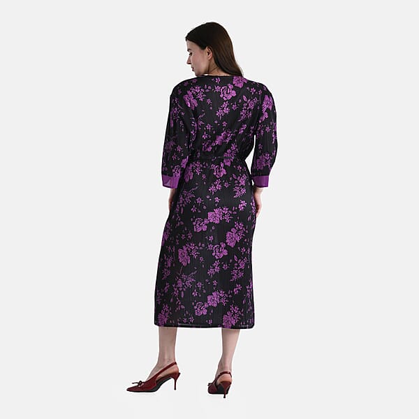 Shop Lc TAMSY Purple Pleated 3/4 Sleeve Midi Dress With Waist Tie Belt - One Size Fits Most