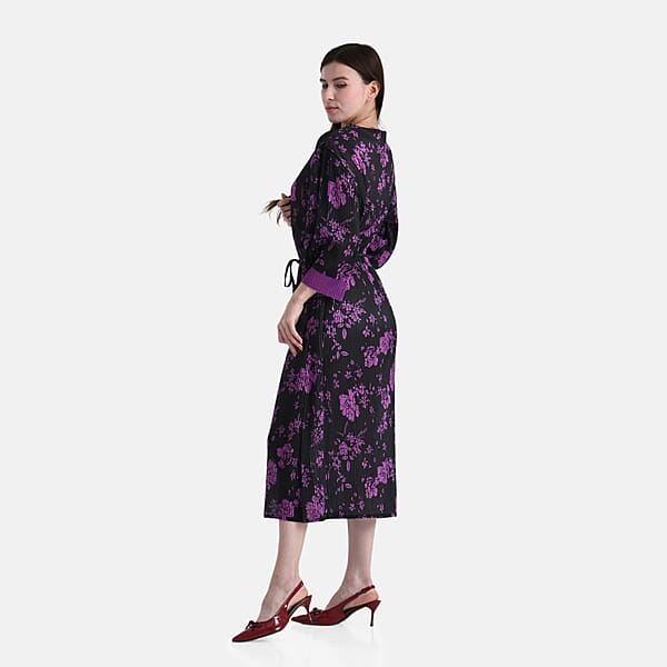 Shop Lc TAMSY Purple Pleated 3/4 Sleeve Midi Dress With Waist Tie Belt - One Size Fits Most