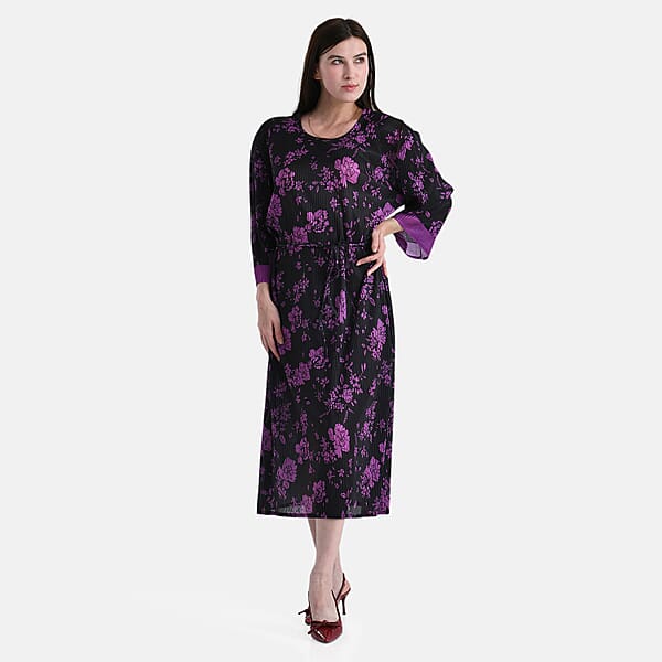 Shop Lc TAMSY Purple Pleated 3/4 Sleeve Midi Dress With Waist Tie Belt - One Size Fits Most