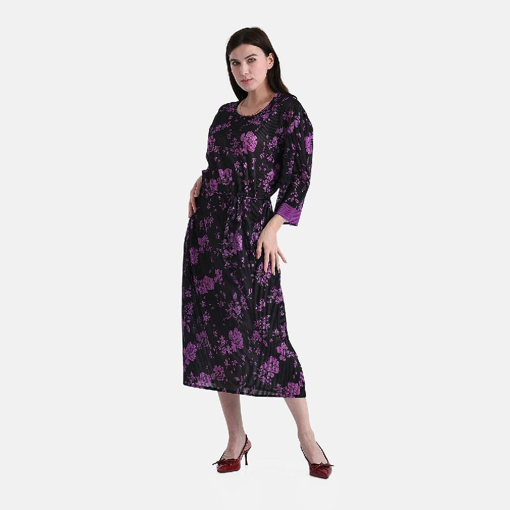 shop lc TAMSY Purple Pleated 3/4 Sleeve Midi Dress with Waist Tie Belt - One Size Fits Most
