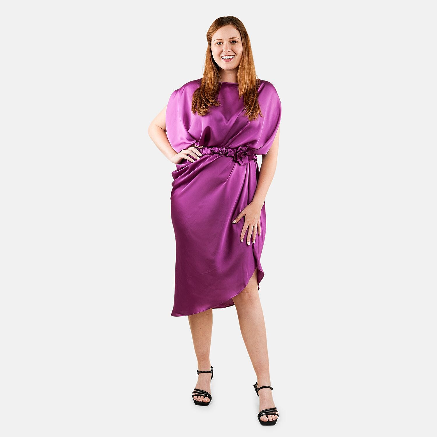 shop lc Tamsy Purple Satin Drape Dress with Removable Rose Stretch Belt – One Size Fits Most