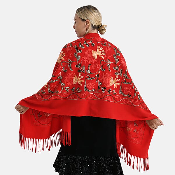 Shop Lc TAMSY Red Botanical Soft Woven Embroidered Scarf With Tassels – One Size