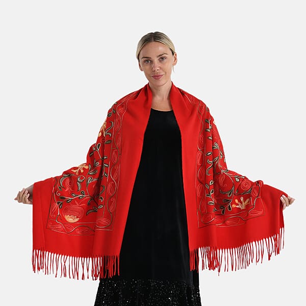 Shop Lc TAMSY Red Botanical Soft Woven Embroidered Scarf With Tassels – One Size