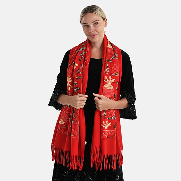 Shop Lc TAMSY Red Botanical Soft Woven Embroidered Scarf With Tassels – One Size