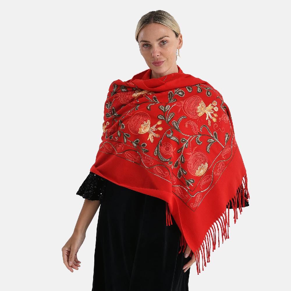 shop lc TAMSY Red Botanical Soft Woven Embroidered Scarf with Tassels – One Size