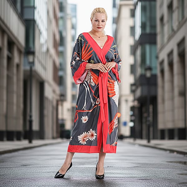 Shop Lc TAMSY Red Crane Placement Print Kimono With Fabric Belt - One Size Fits Most