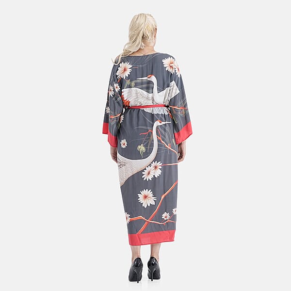 Shop Lc TAMSY Red Crane Placement Print Kimono With Fabric Belt - One Size Fits Most