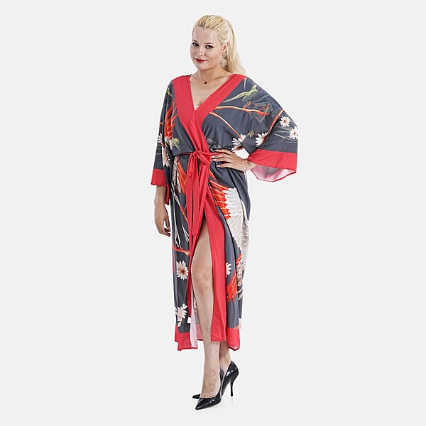 Shop Lc TAMSY Red Crane Placement Print Kimono With Fabric Belt - One Size Fits Most