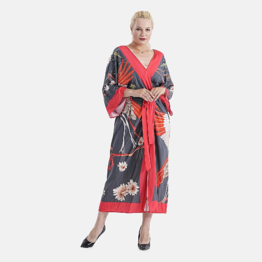shop lc TAMSY Red Crane Placement Print Kimono with Fabric Belt - One Size Fits Most