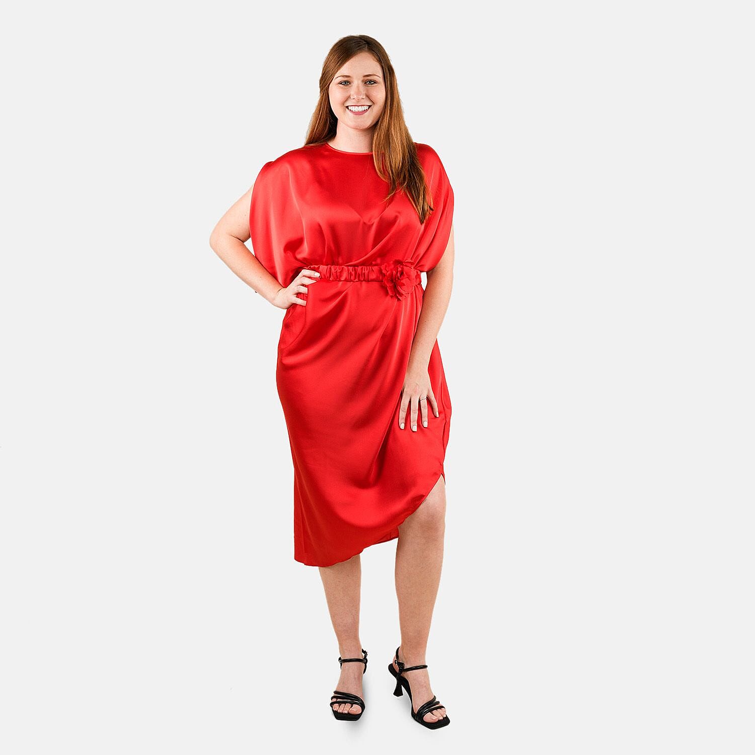 shop lc Tamsy Red Satin Drape Dress with Removable Rose Stretch Belt – One Size Fits Most