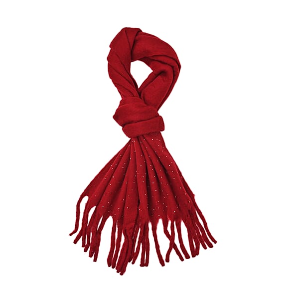 Shop Lc TAMSY Red Soft Plush Scarf With Crystal Embellishment And Fringe– One Size