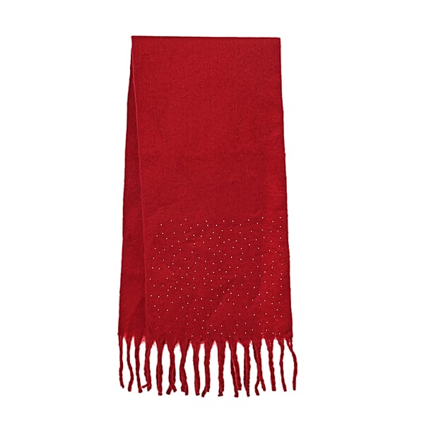 Shop Lc TAMSY Red Soft Plush Scarf With Crystal Embellishment And Fringe– One Size