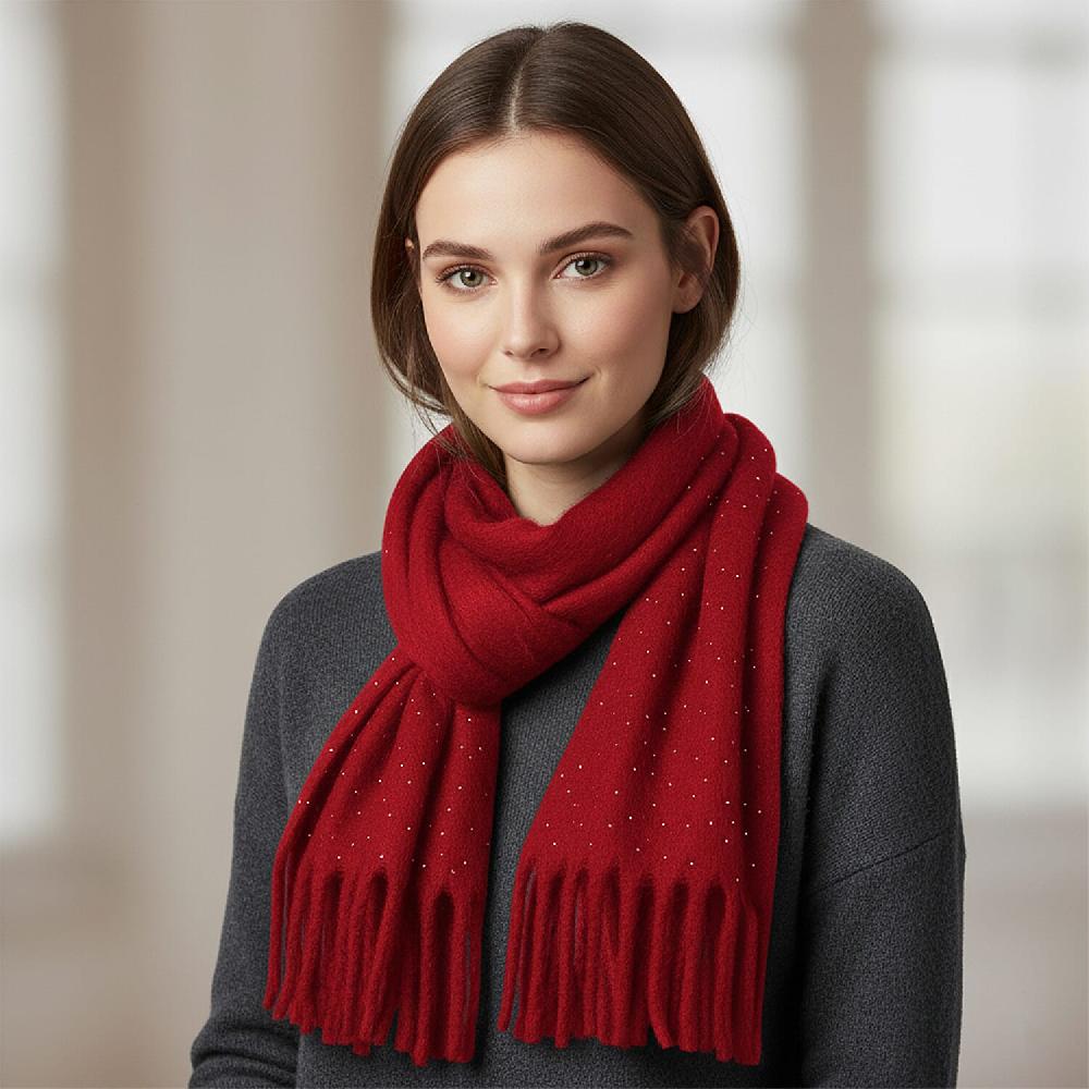 shop lc TAMSY Red Soft Plush Scarf with Crystal Embellishment and Fringe– One Size