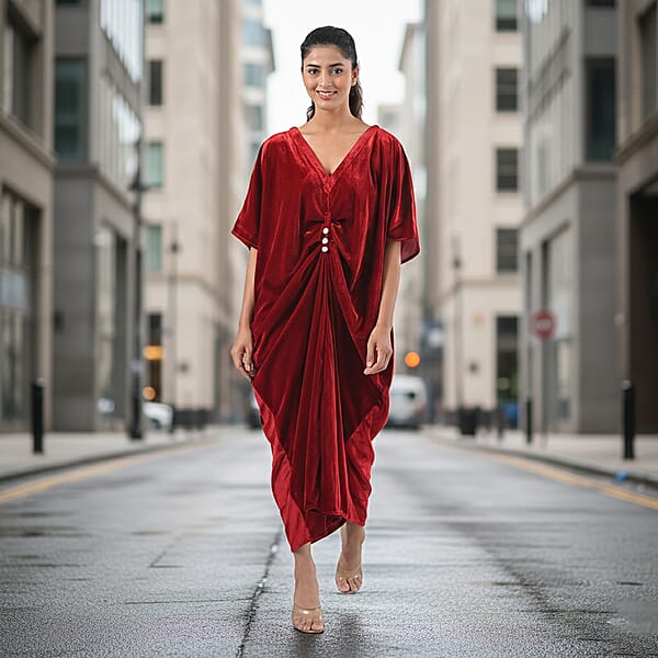 Shop Lc TAMSY Red Stretch Velvet Drape Kaftan Dress With Front Button Detail- One Size Fits Most
