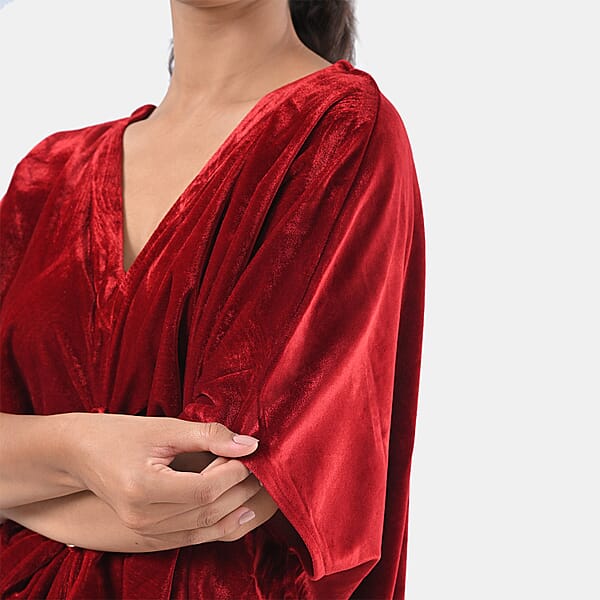 Shop Lc TAMSY Red Stretch Velvet Drape Kaftan Dress With Front Button Detail- One Size Fits Most