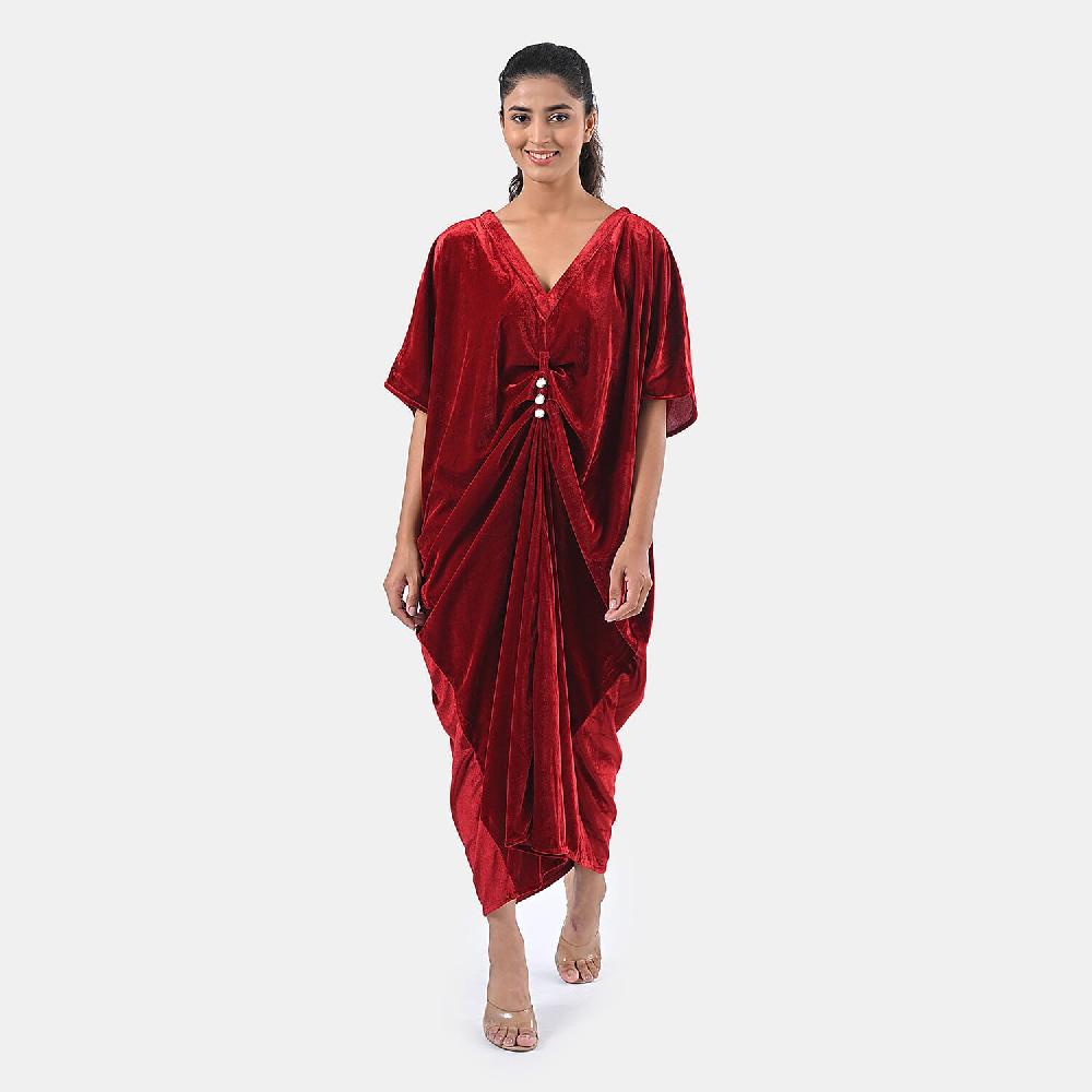 shop lc TAMSY Red Stretch Velvet Drape Kaftan Dress with Front Button Detail- One Size Fits Most