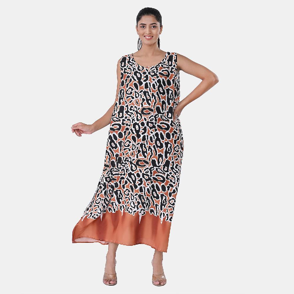 shop lc TAMSY Rust Leopard Sleeveless A-Line Midaxi Dress - One Size Fits Most