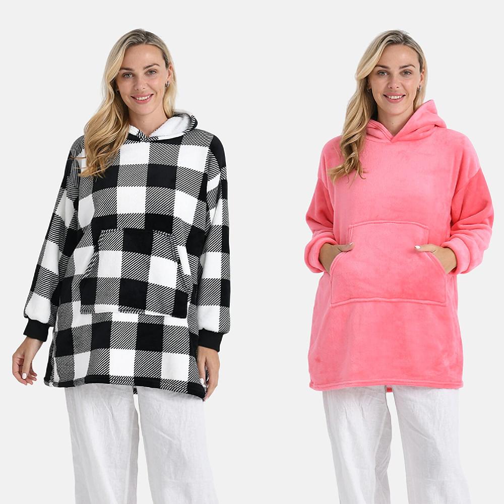 shop lc Tamsy Set of 2 Pink Solid and Black Plaid Pattern Fleece Hoodie Sweater Blanket with Kangaroo Pocket