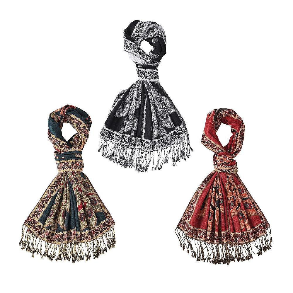 shop lc TAMSY Set of 3 Black Red Teal Peacock Woven Scarves – One Size