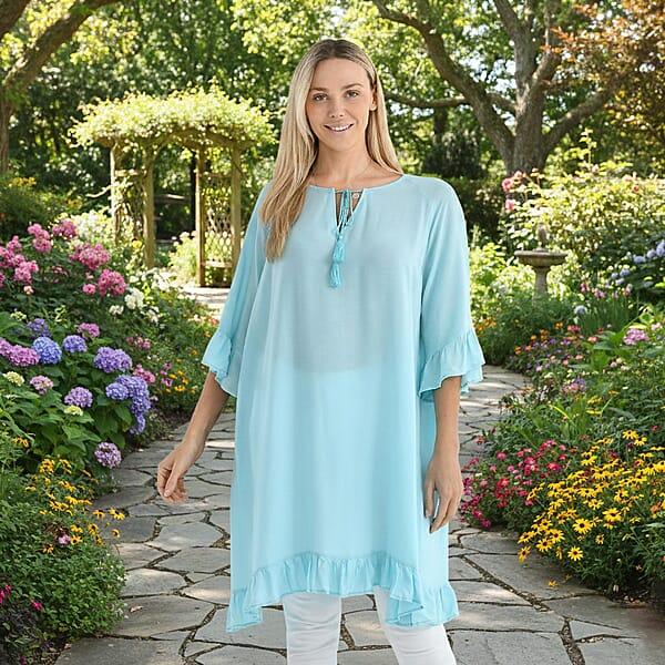 Shop Lc Tamsy Sky Blue Ruffle Hem Blouse With Tassel Neck Tie - One Size Fits Most