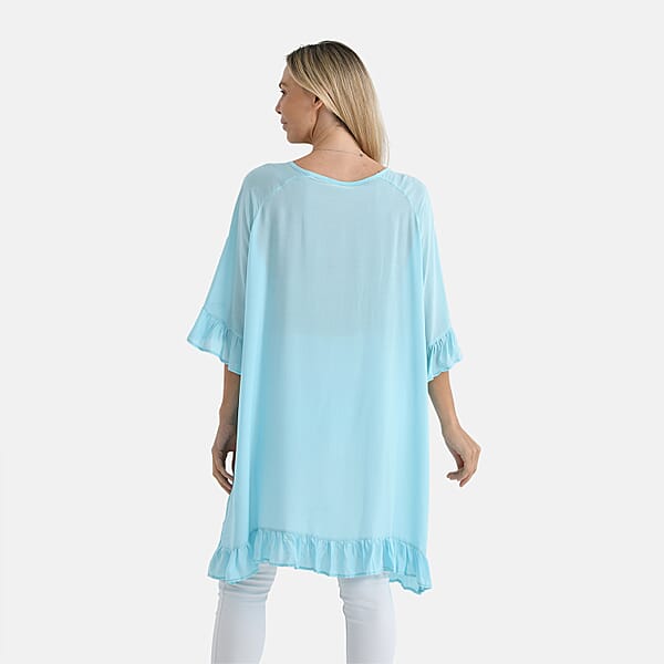 Shop Lc Tamsy Sky Blue Ruffle Hem Blouse With Tassel Neck Tie - One Size Fits Most