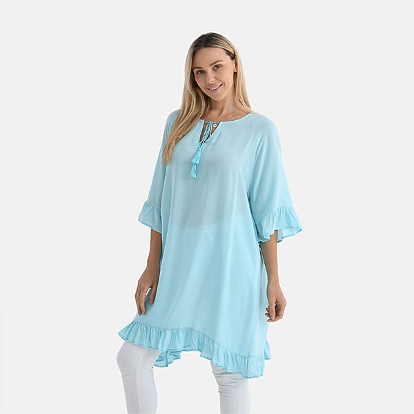 Shop Lc Tamsy Sky Blue Ruffle Hem Blouse With Tassel Neck Tie - One Size Fits Most
