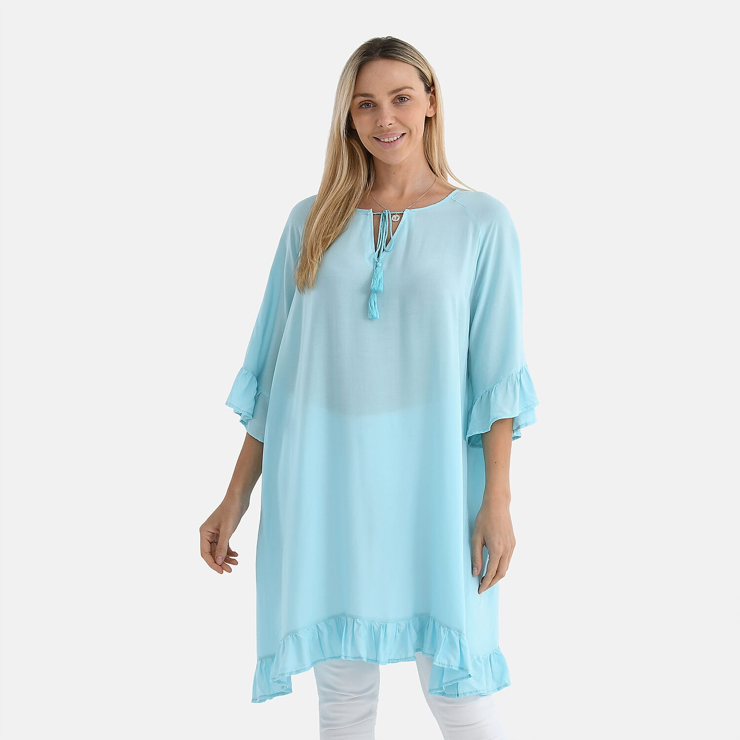 shop lc Tamsy Sky Blue Ruffle Hem Blouse with Tassel Neck Tie - One Size Fits Most