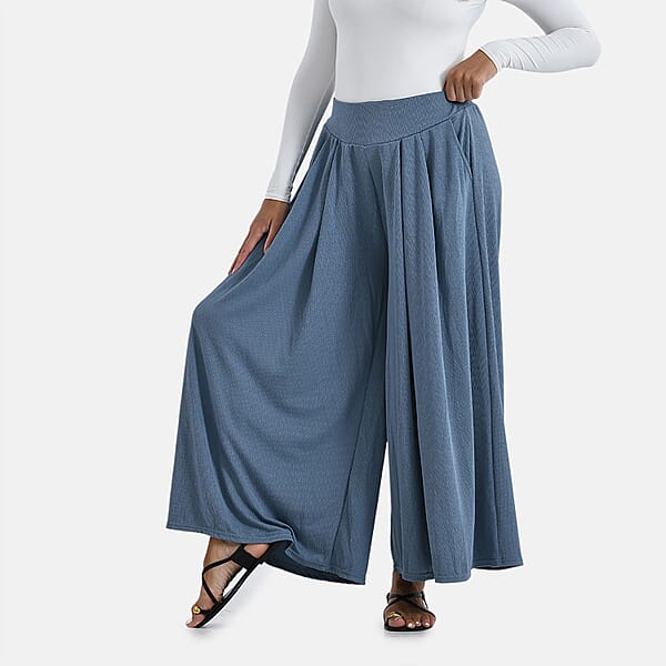 Shop Lc TAMSY Slate Blue Wide Leg Pleated Front Knit Trouser