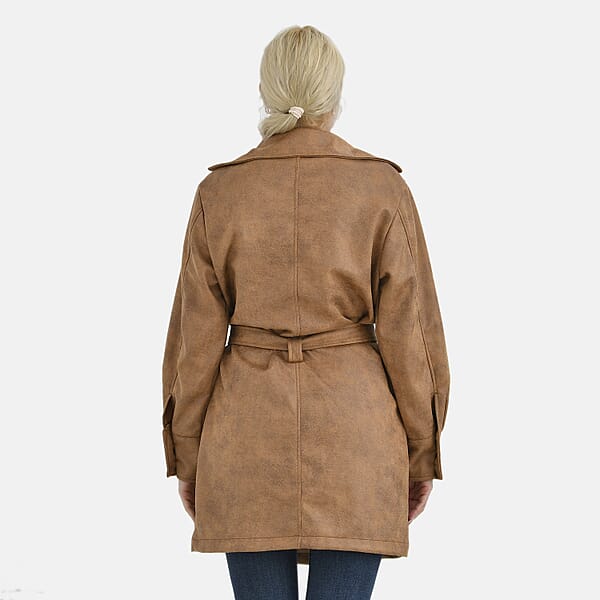 Shop Lc Tamsy Tan Double-Breasted Faux Suede Trench Coat With Belt - M