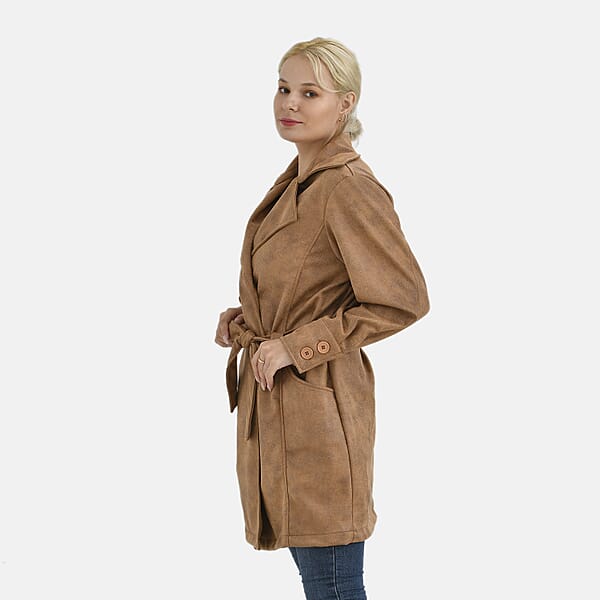 Shop Lc Tamsy Tan Double-Breasted Faux Suede Trench Coat With Belt - M