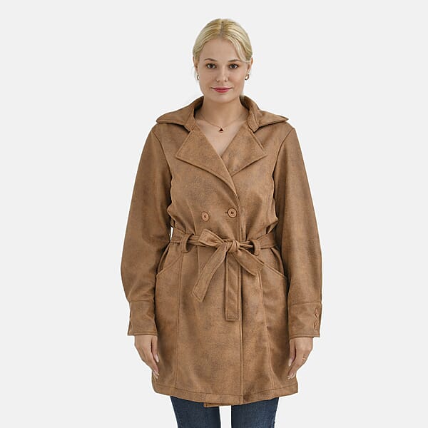 Shop Lc Tamsy Tan Double-Breasted Faux Suede Trench Coat With Belt - M