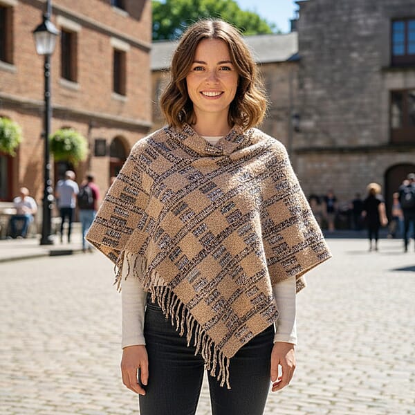 Shop Lc TAMSY Tan Large Checkered Knit Poncho With Fringe - One Size Fits Most