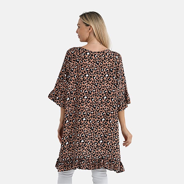 Shop Lc Tamsy Tan Leopard Ruffle Hem Blouse With Tassel Neck Tie - One Size Fits Most