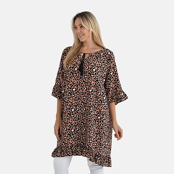 Shop Lc Tamsy Tan Leopard Ruffle Hem Blouse With Tassel Neck Tie - One Size Fits Most