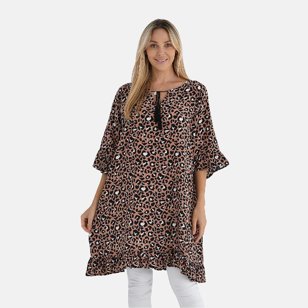 shop lc Tamsy Tan Leopard Ruffle Hem Blouse with Tassel Neck Tie - One Size Fits Most