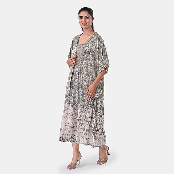 Shop Lc TAMSY Tan Smocked Sleeveless Dress With Kimono Twinset - One Size Fits Most