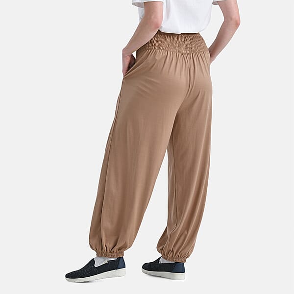 Shop Lc Tamsy Taupe Knit Smocked Waist Haram Pants With Elastic Ankles - One Size Fits Most