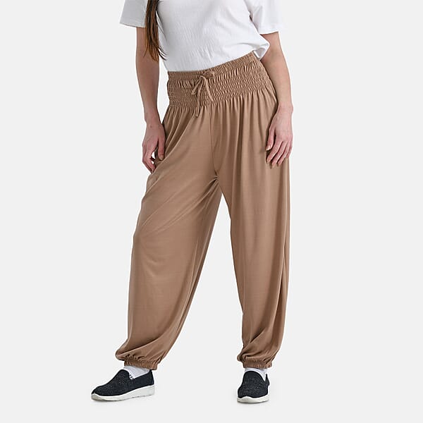 Shop Lc Tamsy Taupe Knit Smocked Waist Haram Pants With Elastic Ankles - One Size Fits Most