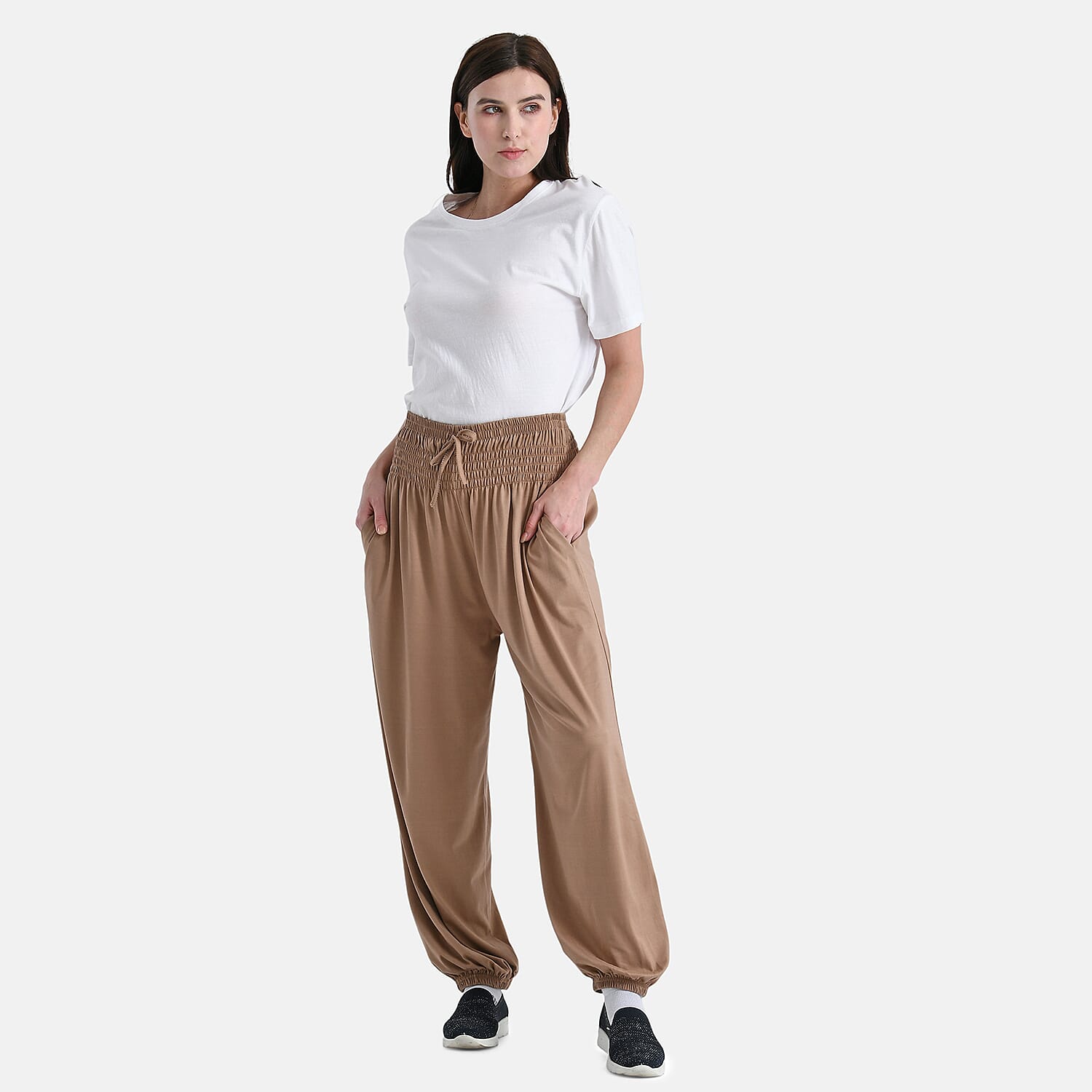 shop lc Tamsy Taupe Knit Smocked Waist Haram Pants with Elastic Ankles - One Size Fits Most