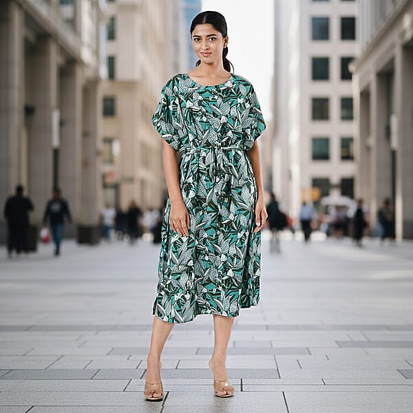 Shop Lc Tamsy Teal Floral Polyester Crepe Kaftan Dress With Belt - One Size Fits Most