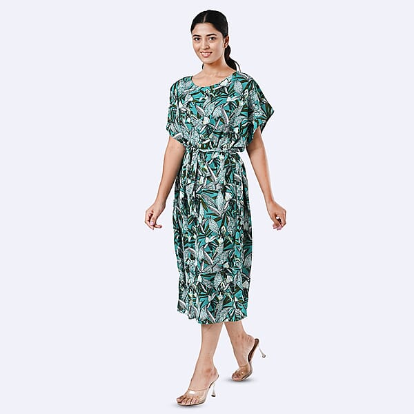 Shop Lc Tamsy Teal Floral Polyester Crepe Kaftan Dress With Belt - One Size Fits Most