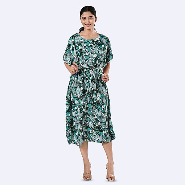 Shop Lc Tamsy Teal Floral Polyester Crepe Kaftan Dress With Belt - One Size Fits Most