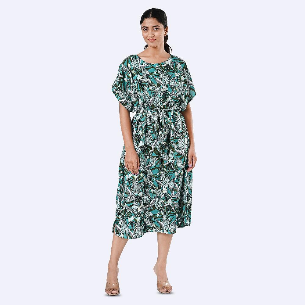 shop lc Tamsy Teal Floral Polyester Crepe Kaftan Dress with Belt - One Size Fits Most