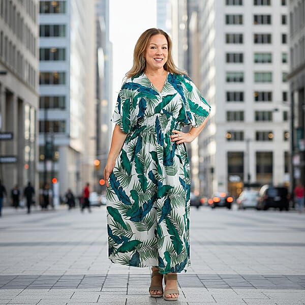 Shop Lc TAMSY Teal Tropical Smocked Waist Kaftan Sleeve Midi Dress - One Size Fits Most