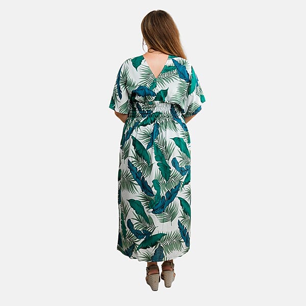 Shop Lc TAMSY Teal Tropical Smocked Waist Kaftan Sleeve Midi Dress - One Size Fits Most