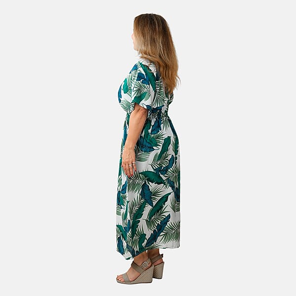 Shop Lc TAMSY Teal Tropical Smocked Waist Kaftan Sleeve Midi Dress - One Size Fits Most