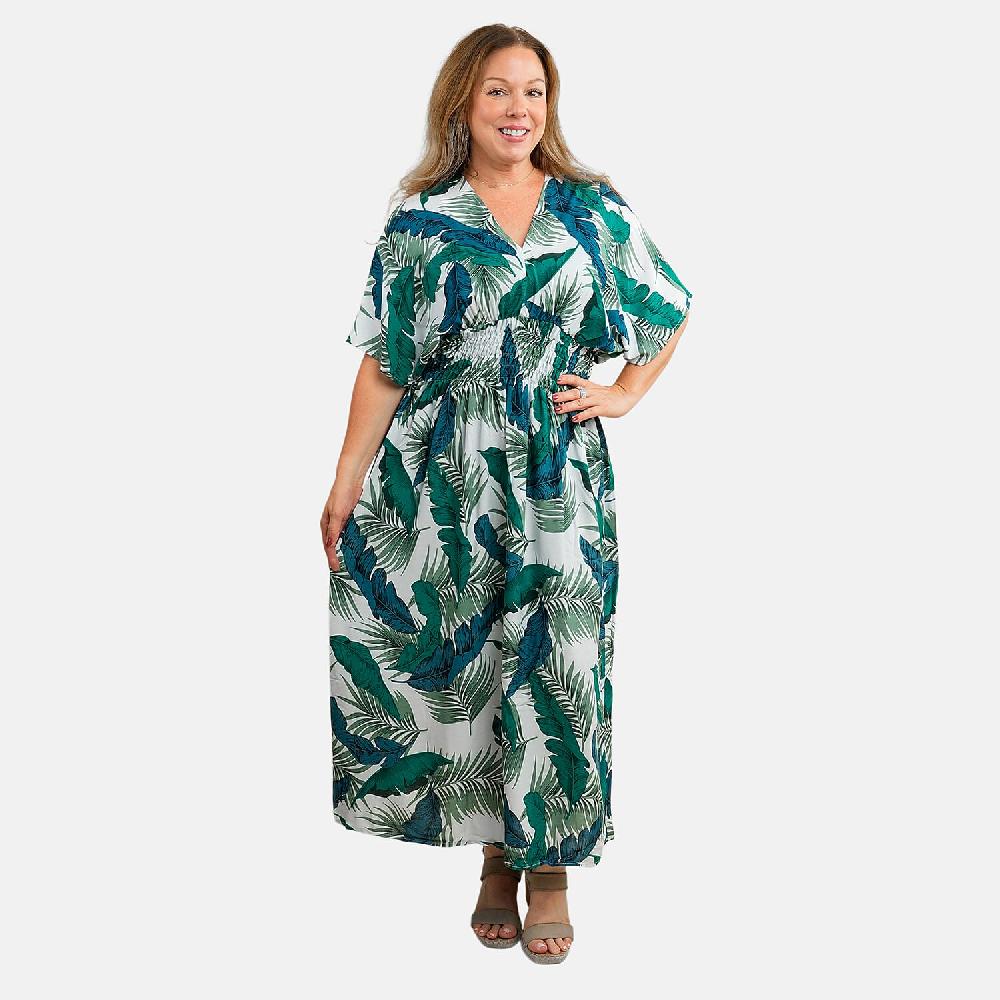shop lc TAMSY Teal Tropical Smocked Waist Kaftan Sleeve Midi Dress - One Size Fits Most