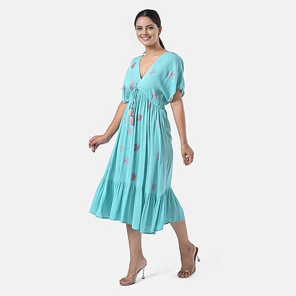 Shop Lc Tamsy Turquoise Summer Beach Midi Dress With Sequin Embroidery - One Size Fits Most