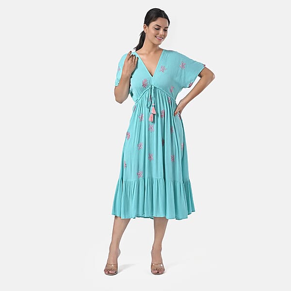 Shop Lc Tamsy Turquoise Summer Beach Midi Dress With Sequin Embroidery - One Size Fits Most