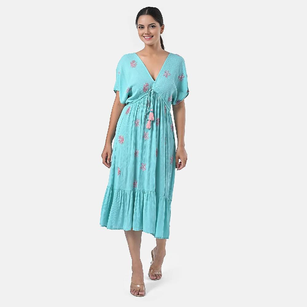 shop lc Tamsy Turquoise Summer Beach Midi Dress with Sequin Embroidery - One Size Fits Most